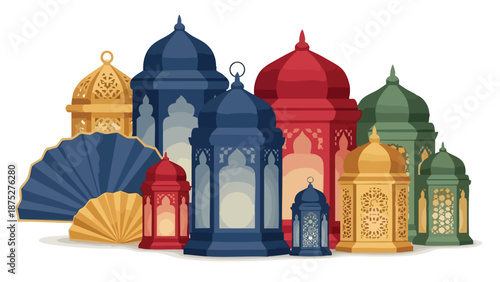 A colorful vector illustration of Ramadan lanterns in various shapes and sizes, with a blue folding fan, against a clean white background.