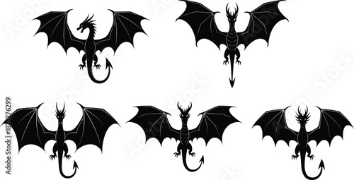 Mythical dragon silhouette collection showcasing fierce winged creatures with detailed fantasy designs, perfect for gaming artwork, tattoo concepts, legendary vector illustrations