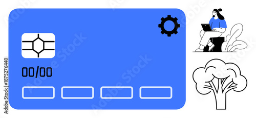 Smart card concept. Smart card graphics paired with tech settings symbol and eco-friendly tree icon. Smart card for digital payments, eco-conscious commerce, technology, e-wallets, fintech solutions