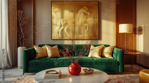 Luxurious Living Room With Green Velvet Sofa And Gold Accents For Home Decor And Interior Design Concept