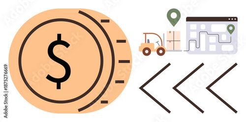 Supply chain, logistics, budget planning, transportation, business operations, delivery services. Large dollar coin, forklift package location pin and route map. Supply chain and logistics concept