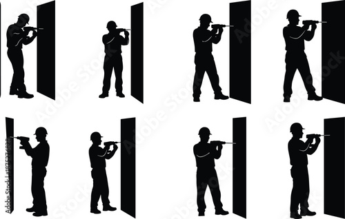 Professional construction worker silhouette using electric drill on a vertical wall panel, illustrating home renovation, building, repair, and safety precautions.