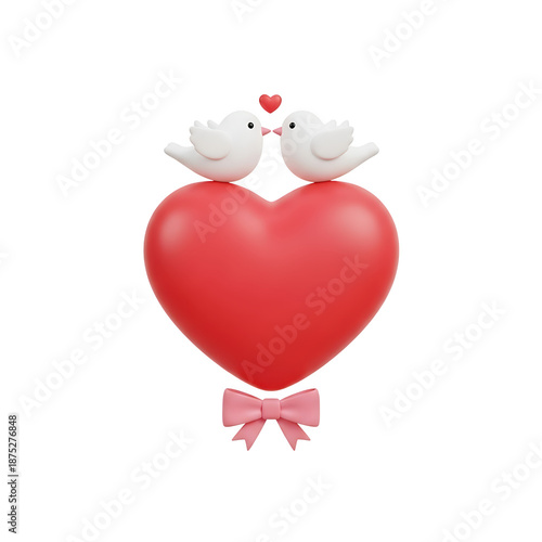 Two birds on red heart with pink bow isolated on a transparent background white birds