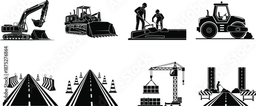 Road construction equipment and workers, excavator, bulldozer, roller, crane, traffic cones, barriers, infrastructure development, civil engineering tools