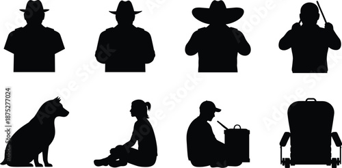 Silhouette collection featuring various human poses, dog figure, seated characters and everyday activity scenes perfect for illustration projects, graphic design and vector artwork