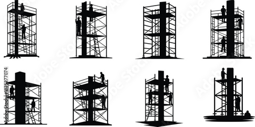 Scaffolding silhouettes with construction workers, vertical columns, safety gear, ladders, platforms, industrial site, maintenance activity, black vector set