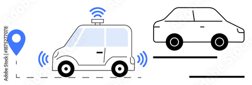 Self-driving car emitting signals near GPS pin and traditional car, highlighting modern transport evolution. Ideal for smart technology, transportation, future mobility, automation, GPS mapping