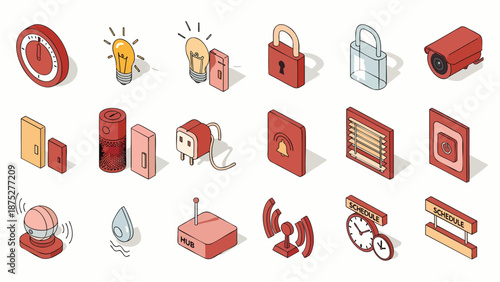 Isometric Smart Home Technology Icons Set: Modern IoT Devices for Automation, Security, and Connectivity in a Digital Living Environment.