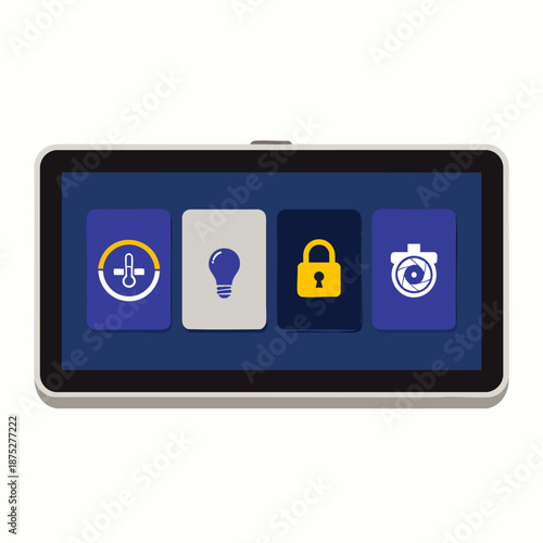 Smart Home Automation Control Panel Displaying Icons for Security, Lighting, Climate, and Surveillance. Digital Interface for Connected House Management and IoT.