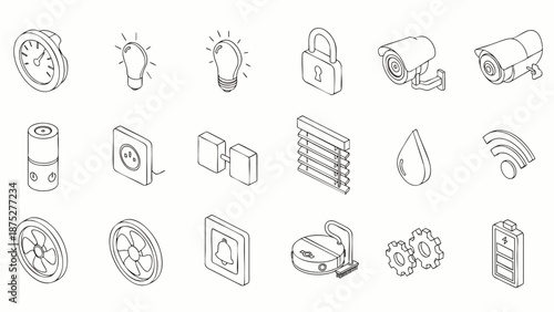 Isometric outline icons set for smart home automation, internet of things (IoT) technology, security, and connected devices, illustrating modern living and future tech.