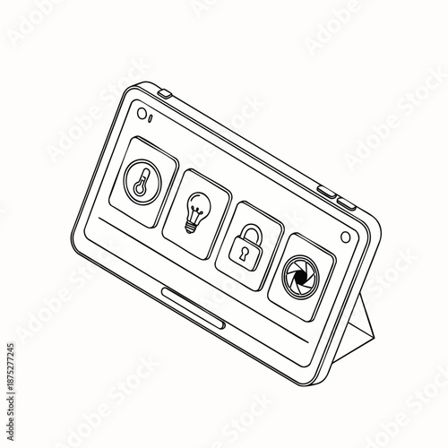 Smart Home Control Panel Line Art Illustration with Icons for Temperature, Lighting, Security, and Camera Automation. Digital Device Concept.
