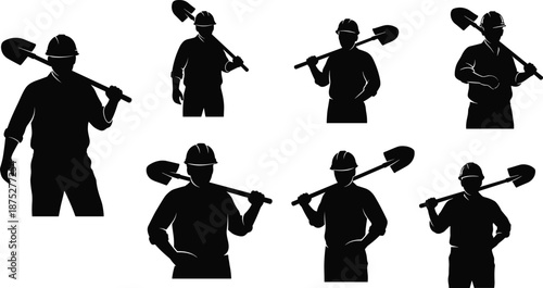 Silhouette construction workers with shovels, hard hats, shoulder carry pose, manual labor, safety gear, industrial site, black vector set
