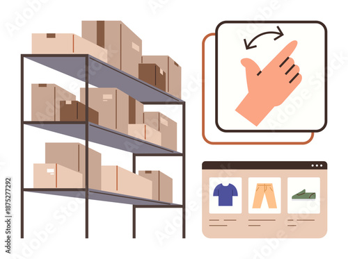 Logistics, e-commerce, inventory management, packaging, online shopping, digital interaction. Shelves holding boxes, hand gesture icon and online storefront. Logistics and e-commerce concept