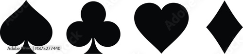 Black Silhouette Icons of Spade, Club, Heart, and Diamond Suits for Playing Cards, Gaming, Design, Branding, and UI Use
