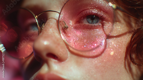 Wallpaper Mural Macro portrait of a woman wearing glasses with pink reflections and glitter on skin, soft light, dreamy atmosphere.
 Torontodigital.ca