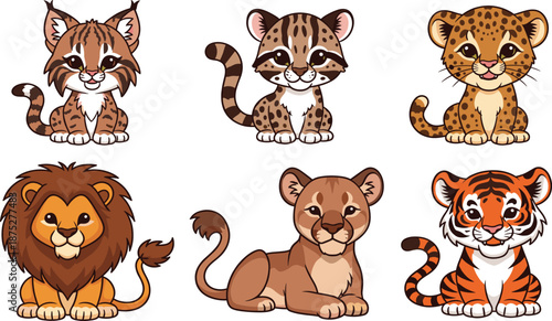 Cute Wild Cat Character Set Featuring Baby Lion, Tiger, Leopard, Cheetah, Lynx, and Cougar Illustrations.