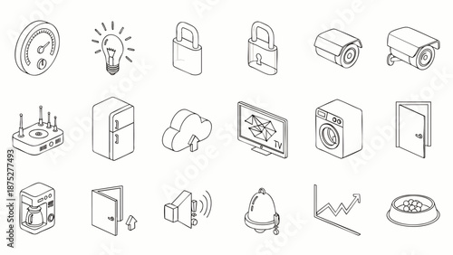 Collection of isometric line icons representing smart home technology and devices for modern living and convenience