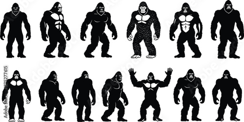 Vector collection of strong gorilla silhouettes, wild ape poses, big primate icons, isolated black animal set, cad drawing flat vector illustration