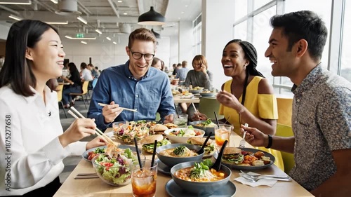 Diverse colleagues enjoy lunch break together in modern office cafeteria