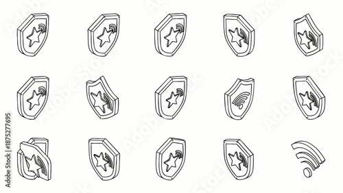 Isometric line art security shields and network icons collection. Digital protection, cybersecurity, data safety, and internet connectivity symbols.