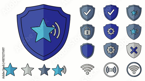 Vector icon set: blue security shields with star, lock, check, gear symbols; star rating and Wi-Fi signal strength icons for digital interfaces.