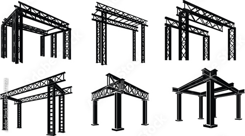 Civil engineering steel frame silhouettes set showing structural beams trusses columns, industrial building vector