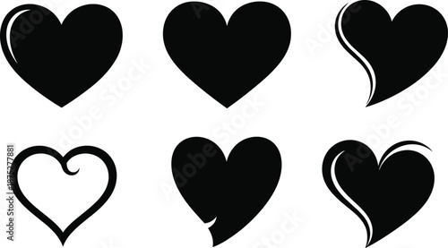 Stylized heart icons, black silhouette set, emotional symbols, love concept, artistic variations, romantic design, vector illustration pack