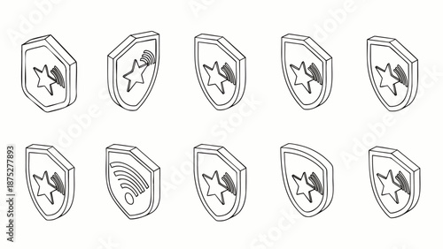 Set of ten isometric shield icons with star and wifi symbols in outline style, representing security and protection concepts.