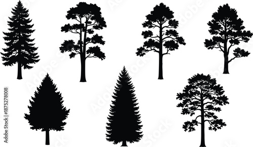 Tree silhouette collection featuring various pine and deciduous shapes with detailed foliage, perfect for nature illustrations, landscape artwork, forest design elements and vector projects