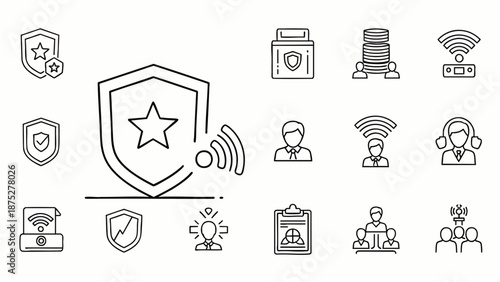 Set of security and network icons: shield, wifi, people, data, support, business, technology, protection, connection, online, communication, safety