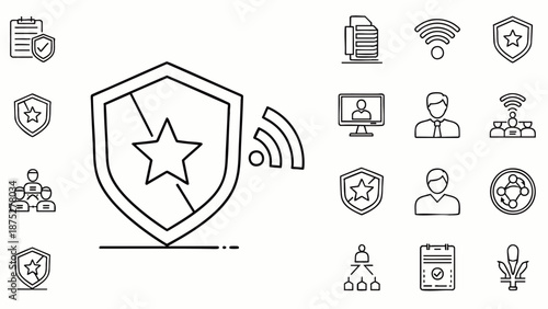 Cybersecurity concept: Shield with star and Wi-Fi signal, surrounded by icons representing data, people, and network security