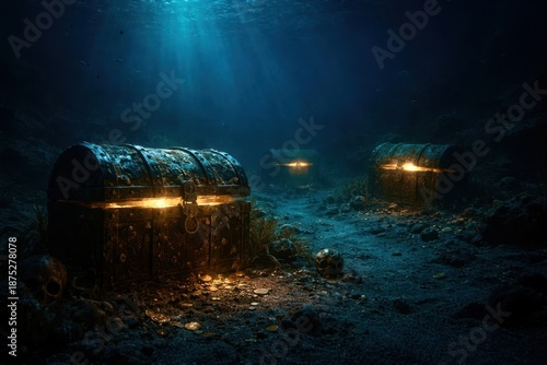 A dark, murky underwater scene with three chests of treasure
