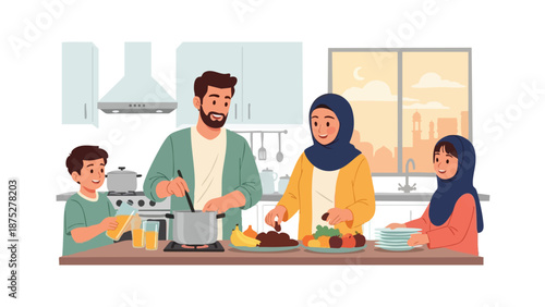A family of four, including two children, preparing a meal together in a modern kitchen with a mosque silhouette in the background, celebrating Ramadan Kareem with a warm and inviting