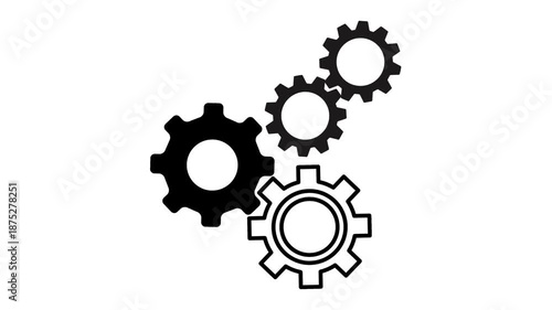 Seamless loop animation of four interlocking gears rotating. Black and white cogwheel mechanism representing settings, data processing, and loading. Isolated on transparent background (Alpha Channel).