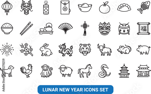 Lunar New Year Celebration Line Art Icons Collection