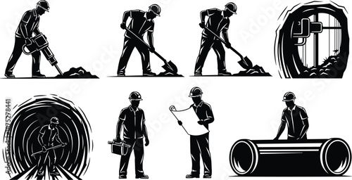 Underground construction scenes with workers, jackhammer, shovel, tunnel boring, surveying, pipe installation, blueprint planning, black vector set