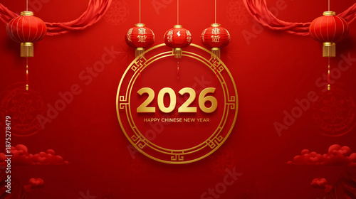 Chinese New Year 2026 Vector Illustration With Lanterns And Gold Accents For Greeting Cards And Cultural Celebrations
