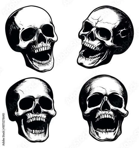 Hand drawn line art skull set featuring screaming skulls from various angles for Halloween and horror designs
