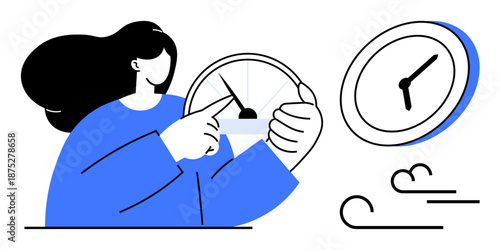 Time management, productivity, efficiency, scheduling, business planning, goal setting. A person points to a speedometer and clock alongside dynamic lines. Time management and productivity visually