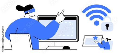 Digital security, remote work, virtual learning, internet access, data privacy, cloud technology. Person in headset working on monitor alongside wireless lock symbol. Digital security and remote work