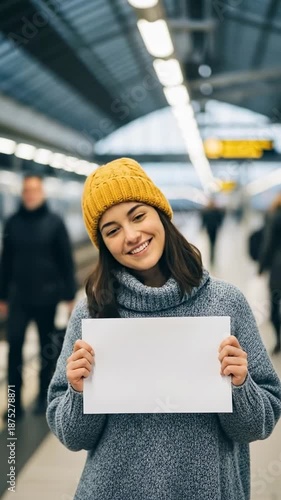 Woman holding blank sign smiling at camera indoors in public space