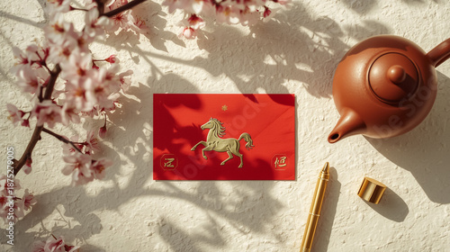 Chinese New Year Red Envelope With Golden Horse Design And Traditional Tea Set For Lunar Year Celebration
