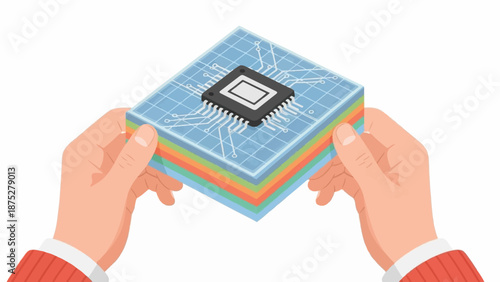Hands holding stacked layers with microchip on top