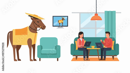Stylized horse with hat and blanket near two people working on laptops in a living room
