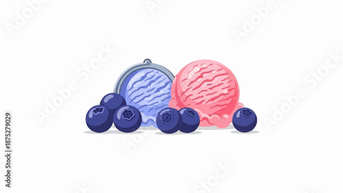 Two scoops of ice cream, one blue, one pink, with blueberries