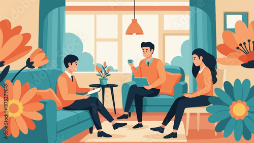 Three people in a room with flowers, one drinks coffee