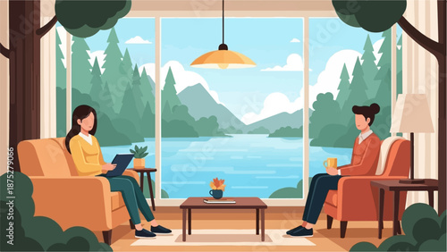 Two people relaxing in cozy chairs, gazing at a serene lake and mountain view