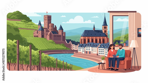 Couple in living room viewing scenic river valley with castle and vineyard through window