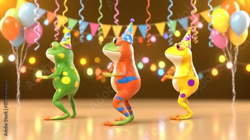 Three adorable cartoon frogs in party hats dancing joyfully at a festive celebration with balloons and string lights