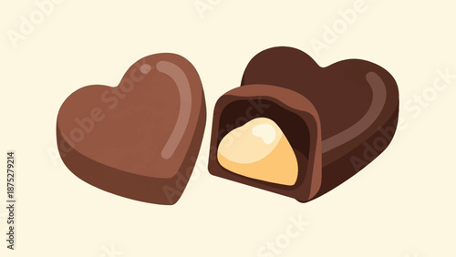 Two heart-shaped chocolates, one whole, the other split open revealing a creamy filling